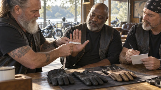 Three mature motorcycle club quartermasters prepare hand measurements for custom glove samples at a sunlit table.