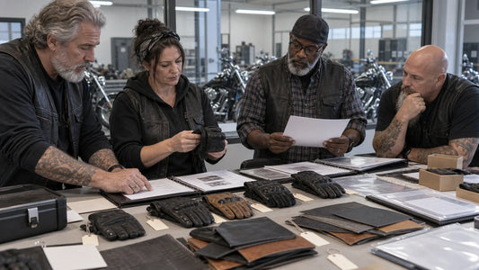 Four motorcycle club procurement volunteers review glove samples, material swatches and blank documentation sleeves.