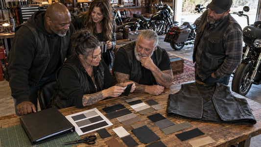Designers reviewing blank motorcycle patch shapes and an original pattern beside an artwork folder with mature club riders and multiple unbranded heavyweight V-twin cruisers.