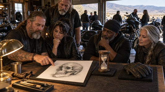 Generic skull medallion, hourglass and original drawing beside motorcycle gloves on a study table with mature club riders and multiple unbranded heavyweight V-twin cruisers.