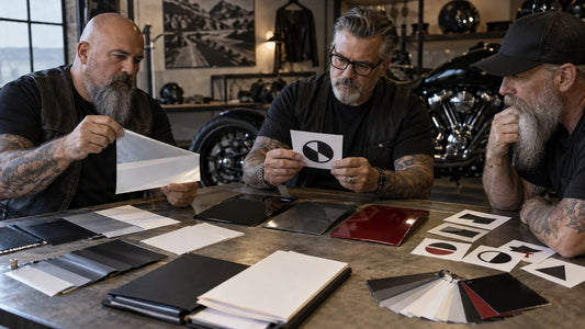 Motorcycle club procurement reviewers compare sticker material samples, test panels and supplier document folders.