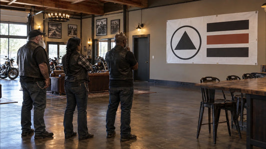 Mature motorcycle club members test a full-scale clubhouse sign proof from across the room.