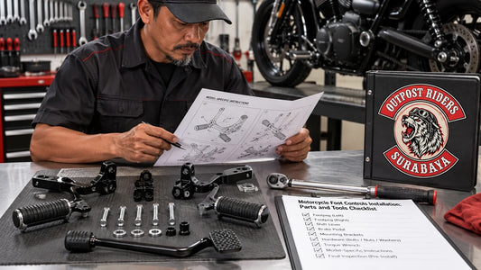 Outpost Riders editorial scene illustrating planning a motorcycle foot-control installation by verifying model-specific fitment, supplied hardware, tools, torque data, linkage alignment, clearance and final safety checks: featured.