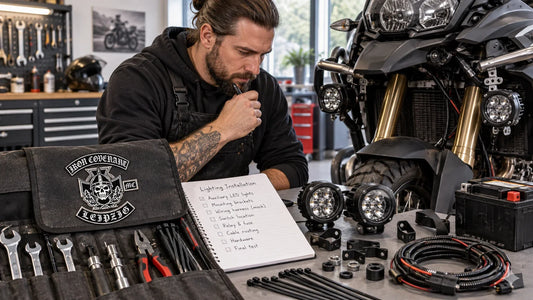 Iron Covenant editorial scene illustrating motorcycle lighting installation planning, compatible lights, wiring, connectors, fuses, tools, aiming, testing and electrical safety: featured.