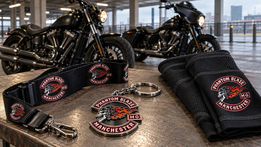 Phantom Blaze Manchester club lanyard, keychain and arm sleeves arranged for a Motorcycle Live group arrival.
