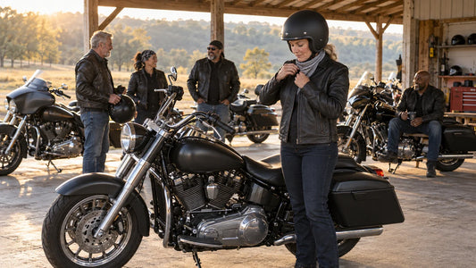Motorcycle rider checking contained bandana ends and jacket closures beside a parked motorcycle with mature club riders and multiple unbranded heavyweight V-twin cruisers.
