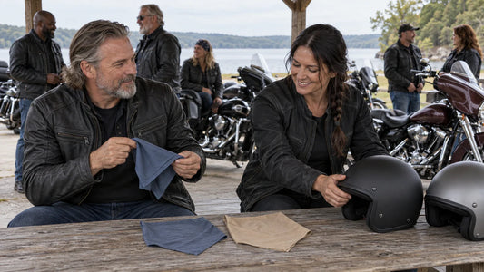 Two motorcycle riders comparing plain slate and sand bandanas beside helmets at a lakeside shelter with mature club riders and multiple unbranded heavyweight V-twin cruisers.