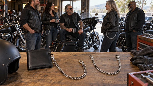 Motorcycle wallet tether and decorative pant chain displayed with their different attachment points with mature club riders and multiple unbranded heavyweight V-twin cruisers.