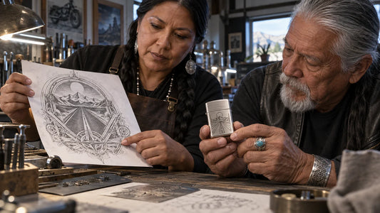 Designer and rider comparing a detailed club motif with a simplified engraving on an unbranded flip-top lighter.