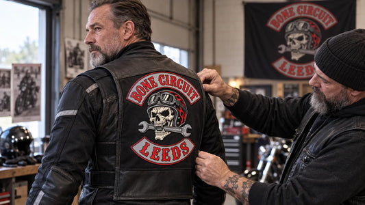 Bone Circuit editorial scene illustrating choosing a motorcycle vest for fit, layering, visibility, storage and authorized club identity without treating a vest as certified impact protection: featured.