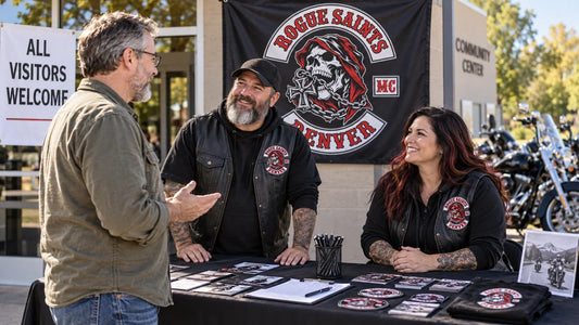 A visitor speaks with motorcycle club hosts at an open community event displaying an authorized Rogue Saints banner.