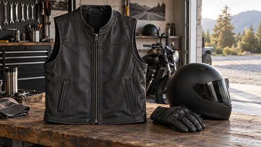 Plain black motorcycle rider cut displayed with gloves and a helmet on a garage preparation bench.