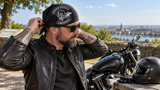 Storm Skulls editorial scene illustrating wearing a motorcycle bandana for comfort, hair control, helmet fit, visibility, hygiene and safe use: featured.