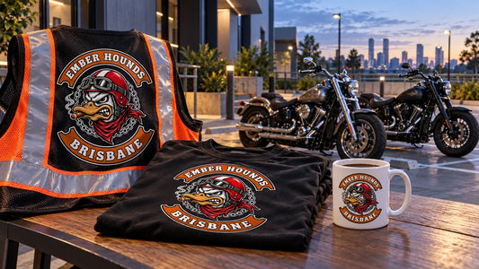 Ember Hounds Brisbane club gear arranged beside parked V-twin motorcycles for Ride to Work Week commuter check-in.