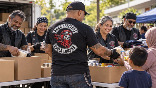 Road Specters editorial scene illustrating responsible research and documentation of motorcycle club charity work: featured.