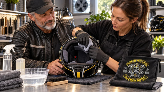 North Machine editorial scene illustrating cleaning a non-removable motorcycle helmet liner: featured.