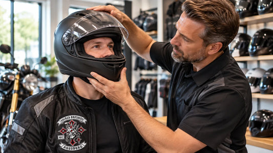 Sacred Brothers editorial scene illustrating motorcycle helmet pressure points, sizing, liner break-in, hydration, vision, fit checks and medical red flags: featured.