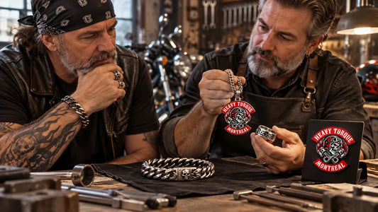 Heavy Torque editorial scene illustrating biker jewelry materials, fit, riding safety and respectful use of club symbols: featured.