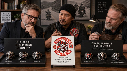 Raging Harlequins riders review featured materials for Sons of Anarchy Rings: Fictional Symbols vs Real-World Club Identity.