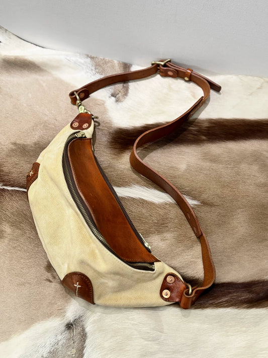 high-oil vegetable-tanned leather and canvas biker sling bag 1