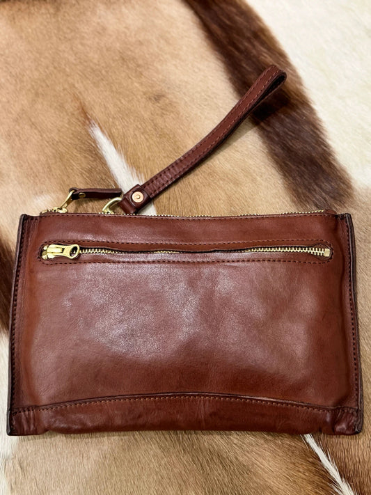 distressed leather clutch & phone pouch 1