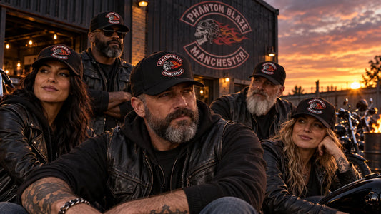 Motorcycle club members wearing custom biker baseball caps with an authorized club emblem outside a clubhouse.