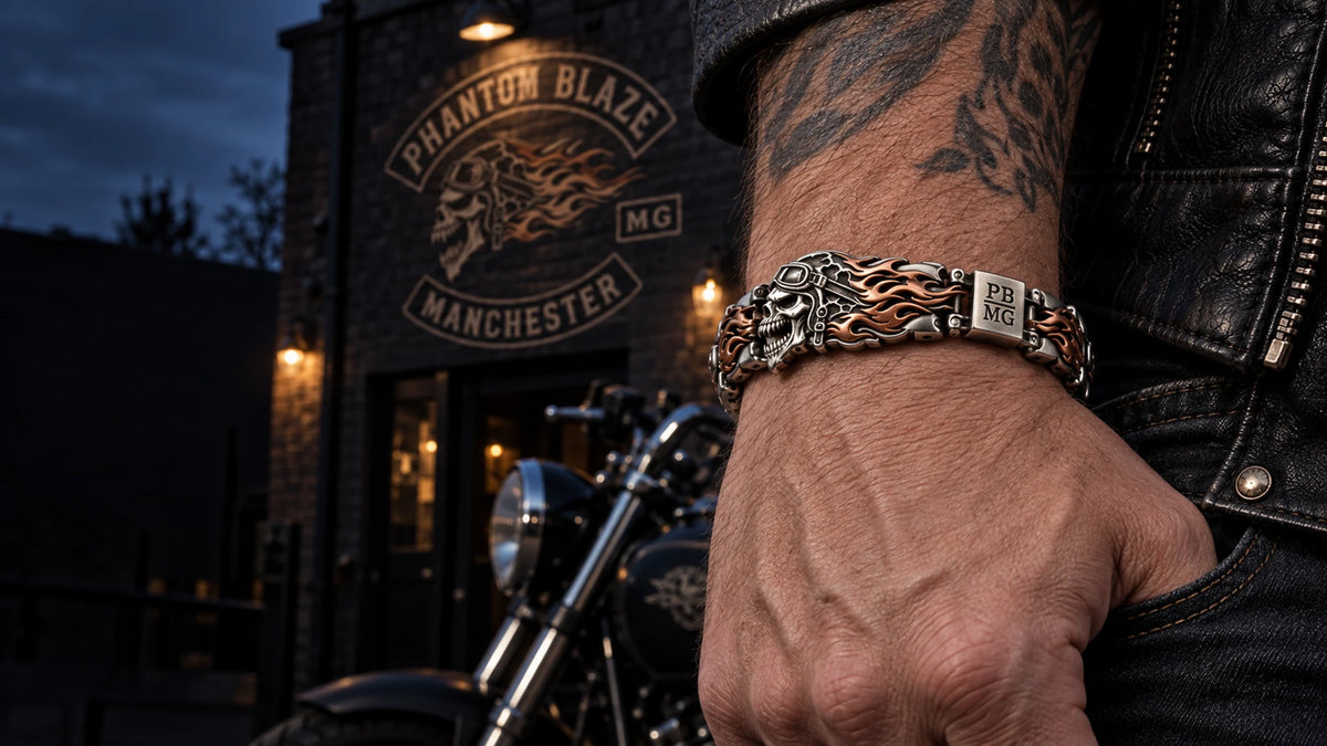 Phantom Blaze Manchester custom mixed-metal motorcycle club bracelet worn by a rider