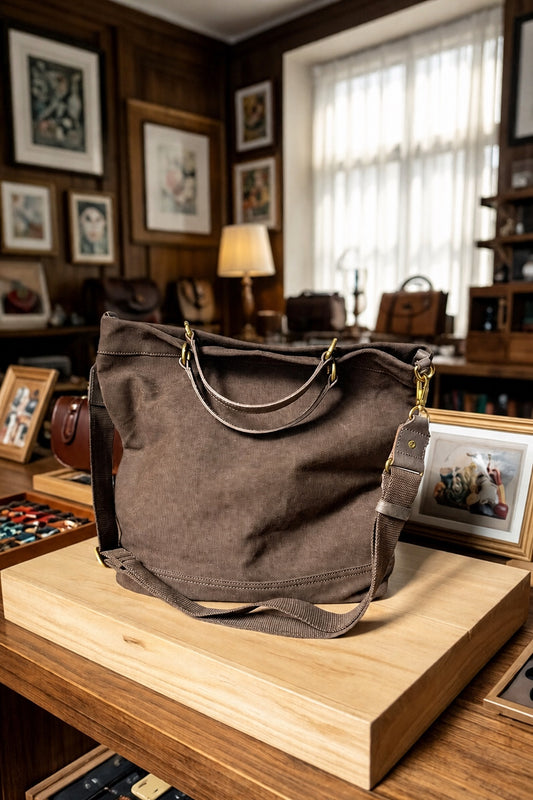 washed canvas and vegetable-tanned leather large tote bag 1