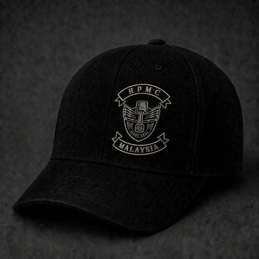 Classic curved-brim motorcycle club baseball cap with an authorized embroidered club emblem.