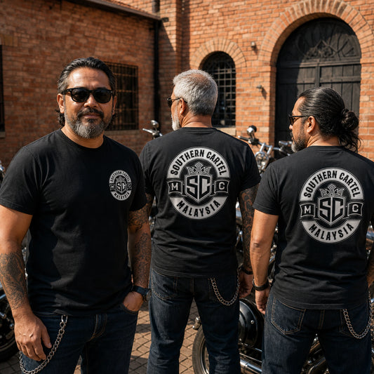 Southern Cartel MC members wearing coordinated chapter short-sleeve T-shirts outside a clubhouse.