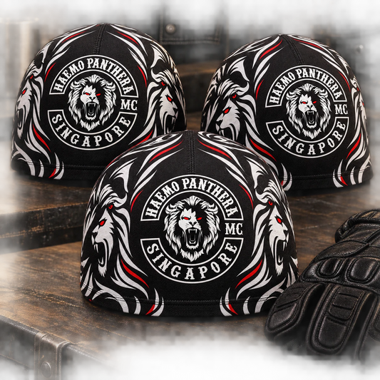 Club Members custom motorcycle club skull cap with an approved full-coverage club design.
