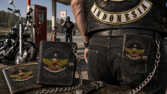 Motorcycle club rider carrying a chain-ready leather wallet with an authorized club logo during a roadside fuel stop.