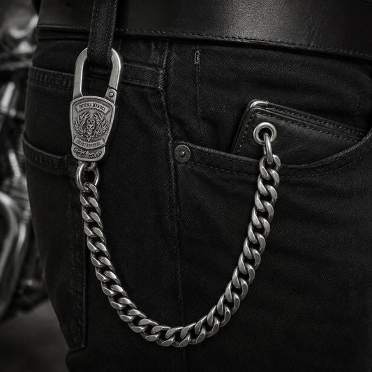Wallet chain attached from belt loop to wallet ring featuring an authorized motorcycle club logo.