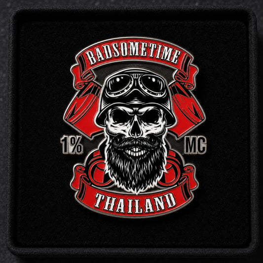 Badsometime Thailand hard enamel motorcycle club pin with a polished logo-following outline.