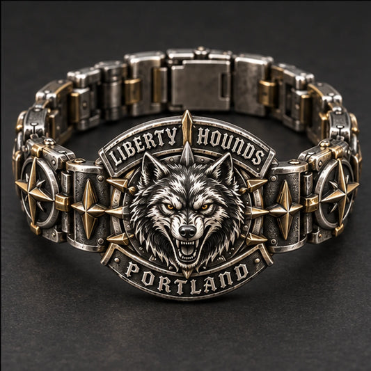 Liberty Hounds Portland everyday riding bracelet with articulated wolf and compass links