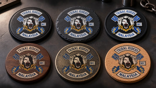 Leather, slate, PVC rubber, wood, metal and cork motorcycle club coaster material comparison.