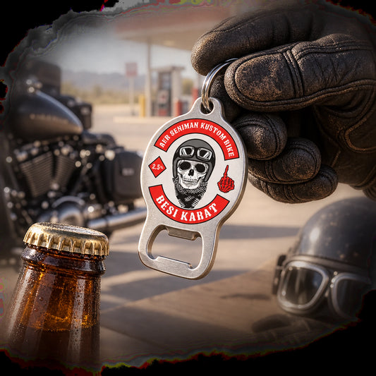 Solid custom motorcycle club keychain bottle opener carried by a touring rider.