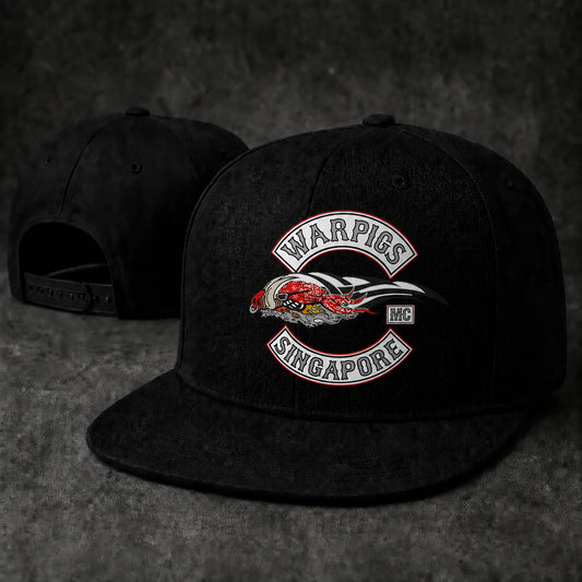 Structured motorcycle club snapback cap displaying an authorized embroidered club logo.