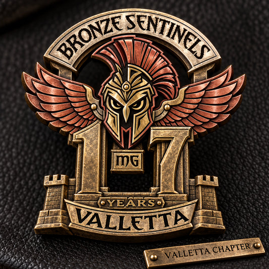 Custom an individual chapter anniversary. rendered as a logo-derived brass and red copper and white copper anniversary badge.
