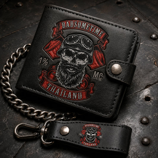 Bifold leather biker wallet with an authorized motorcycle club logo and chain-ready attachment.