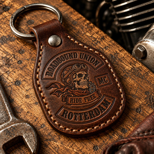 Custom leather biker key fob with an authorized motorcycle club logo, antique nickel rivet and split ring.