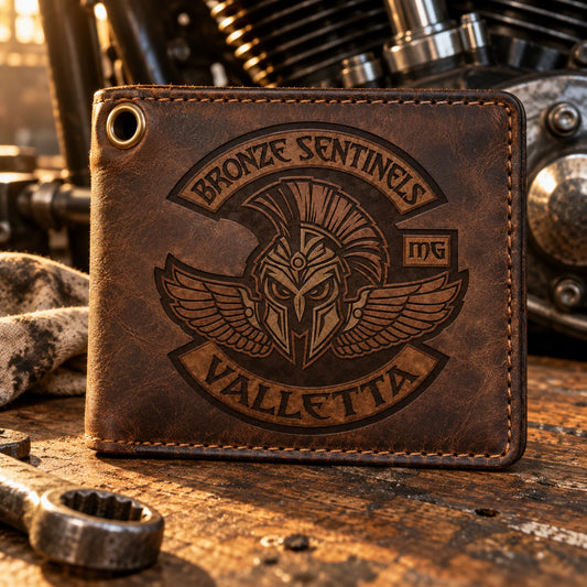 Dark brown motorcycle club bifold wallet with a laser-engraved Bronze Sentinels Valletta emblem.