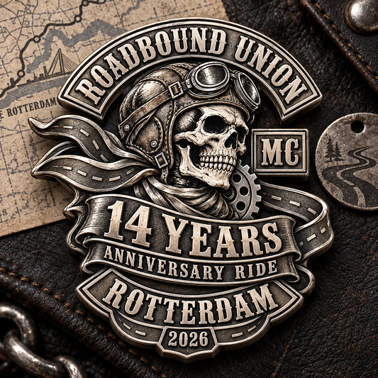 Custom official badge for an anniversary ride or rally. rendered as a logo-derived white copper and 925 sterling silver anniversary badge.