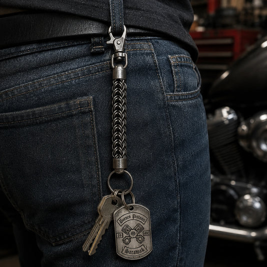 Short key leash attached to a belt loop featuring an authorized motorcycle club logo.