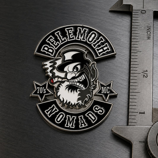 One-inch Belemoih motorcycle club enamel pin beside a precision ruler.