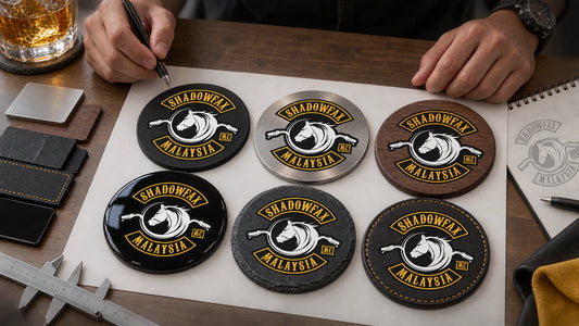 Custom motorcycle club coaster designs prepared for chapter, anniversary, rally and officer personalization.