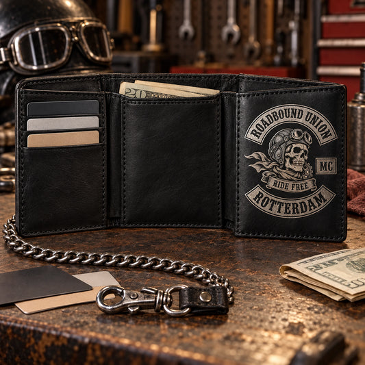Open trifold biker wallet with antique-silver foil Roadbound Union Rotterdam club artwork.
