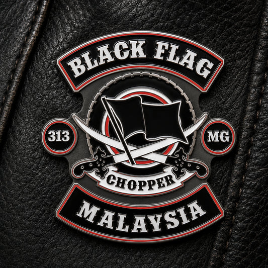 Black Flag Malaysia 1.25-inch color enamel pin attached to a black leather motorcycle vest.