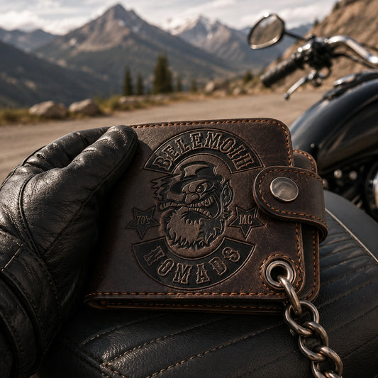 Compact leather rider wallet with an authorized motorcycle club logo held beside a parked V-twin motorcycle.