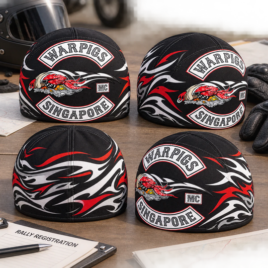 Rallies & Runs custom motorcycle club skull cap with an approved full-coverage club design.